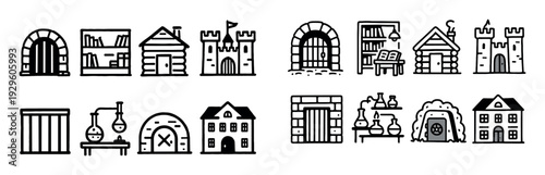 Assorted building and door icons in row.