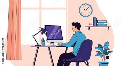 Professional man working at desk with large computer screen showing financial growth chart for business analysis and corporate strategy.