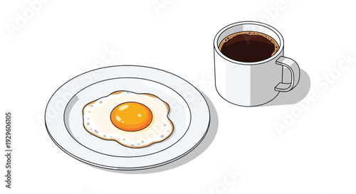 Healthy breakfast with fried egg on plate and cup of black coffee on white background for morning meal nutrition and cafe menu design.