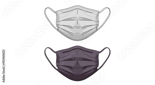 Protective medical face masks in white and black colors for health safety and disease prevention in hospital and public environments.