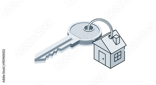 Metal key with small house shaped keychain on white background for real estate home ownership and mortgage property concept illustration.