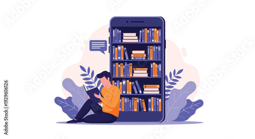 Man reading book while sitting near giant smartphone with library shelves for digital education and e-learning technology concept design.