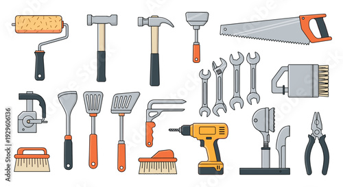 Large set of various hand tools and kitchen utensils including hammers saws and wrenches for repair and hobby construction project design.