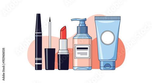 Collection of various beauty cosmetics including red lipstick eyeliner lotion and cream for skincare and makeup theme illustration design.