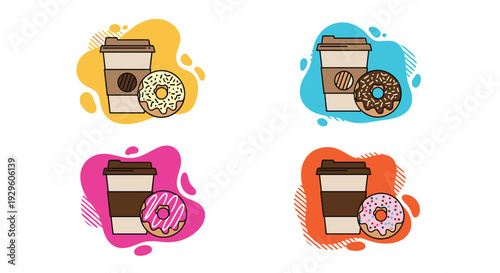 Multiple sets of take away coffee cups and colorful glazed donuts for fast food snack and bakery cafe morning meal concept illustration.