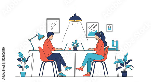 Man and woman working on laptops in modern co-working office space for collaboration and business productivity concept illustration design.