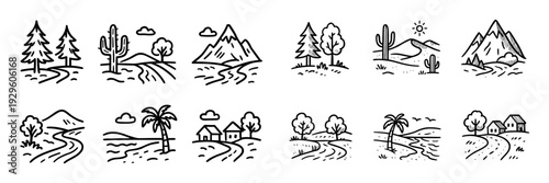 Line landscapes showing different rural and coastal scenes