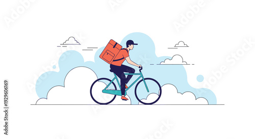 Delivery courier riding a bicycle with a thermal backpack through blue clouds representing fast and efficient service.