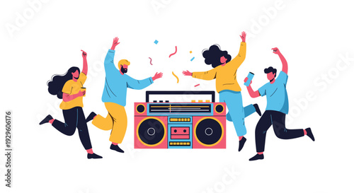 Group of happy young people dancing around a large retro boombox at a party with colorful confetti in the background.