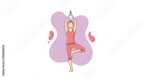 Young woman practicing a yoga tree pose against an abstract purple and pink background to promote wellness and health.