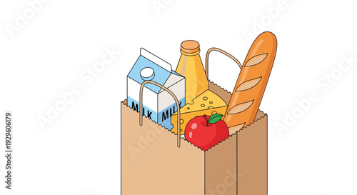 Brown paper shopping bag filled with fresh groceries including milk cheese bread and an apple on a white background.