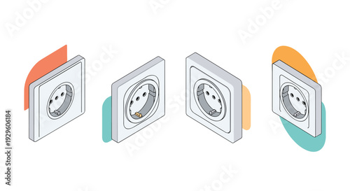 Set of white electrical wall sockets shown from different angles in a clean isometric style for home improvement use.