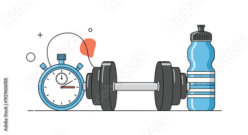 Fitness equipment set including a heavy dumbbell a blue water bottle and a digital stopwatch for gym workout timing.