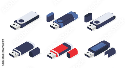 Collection of isometric USB flash drive icons in various colors and designs for data storage and portable technology.