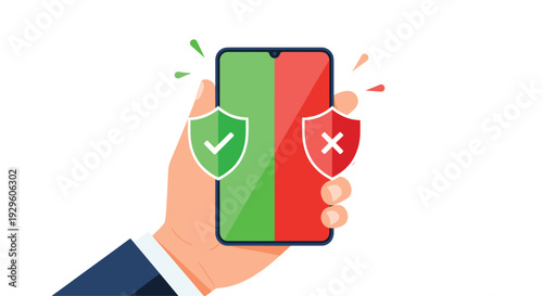 Human hand holds a smartphone showing a mobile security comparison with green check and red cross icons representing data protection.