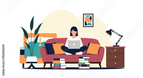 Young woman sits comfortably on a sofa at home using a laptop computer for remote work with books and plants in a cozy environment.