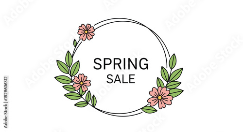 Elegant circular floral wreath frame featuring pink flowers and green leaves surrounding the text for a seasonal spring sale promotion.