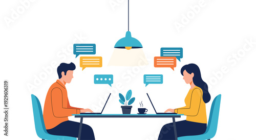 Man and woman collaborate by sitting across from each other at a desk with laptops while exchanging digital chat messages online.