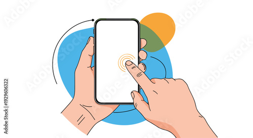 Close up of hands holding a smartphone with a finger touching the touch screen, displaying glowing circular interaction patterns.
