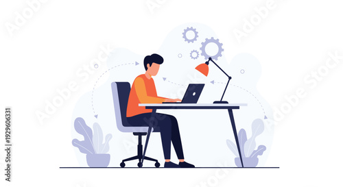 Productive male employee sits at his desk using a laptop for engineering tasks with stylized gear icons representing industrial work.