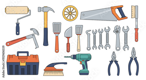 Comprehensive collection of various manual hand tools and a professional toolbox including hammers, saws, wrenches, and a power drill.