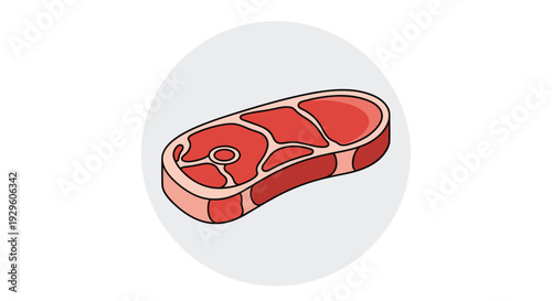 Fresh raw beef steak showing detailed marbling and fat on a neutral circular background for culinary, cooking, and butchery concepts.