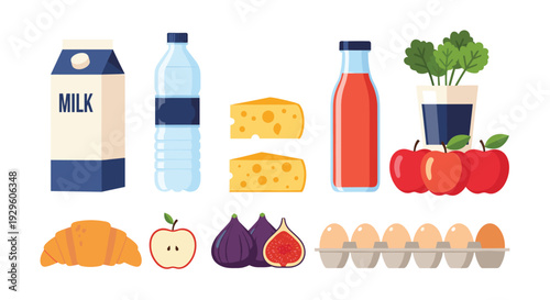 Collection of various healthy grocery items including milk, water, cheese, juice, fresh fruit, and organic eggs on a white background.
