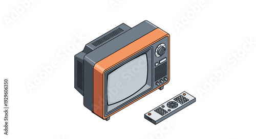Classic vintage television set with a wood grain frame and a retro remote control sitting nearby on a clean white background surface.