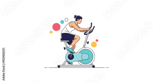 Active person exercises on a professional indoor stationary bicycle to maintain fitness and health with colorful abstract background.