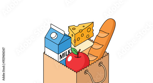 Brown paper grocery bag filled with fresh essential food items like milk, bread, cheese, and a red apple for home delivery service.