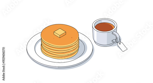 Delicious stack of golden brown pancakes on a ceramic plate topped with butter and served with a hot cup of tea for a healthy breakfast.