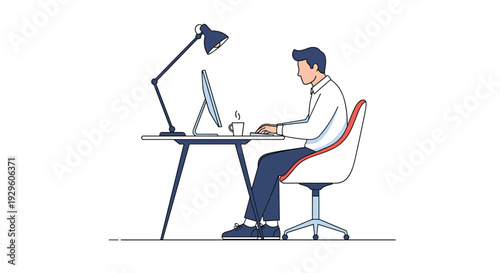 Male employee works diligently on a desktop computer at a clean desk with a lamp and a cup of coffee in a minimalist office setting.