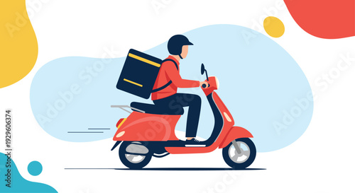 Fast delivery service worker riding a red motor scooter with a black storage box on a colorful abstract background for urban courier.