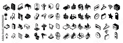 Isometric icons of room furniture fixtures and people