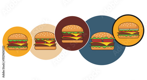 Five identical delicious cheeseburgers presented in circular frames with different colored backgrounds for a fast food menu design.