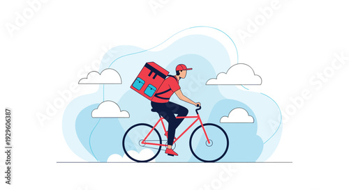 Courier on a red bicycle with a large professional delivery backpack rides through a cloudy sky background for quick food delivery.