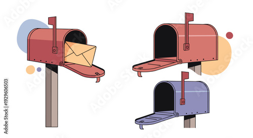 Collection of three traditional mailboxes in red and purple colors with one containing a white envelope for post services.
