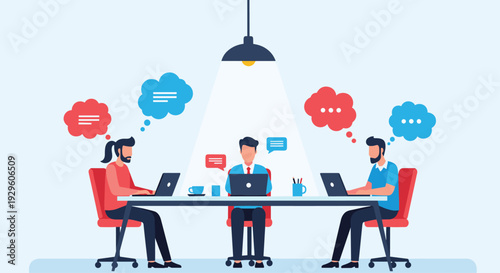 Diverse team of professionals working on laptops at a long office table while communicating through colorful speech bubbles.