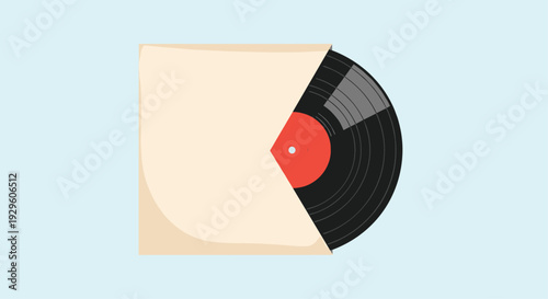 Black vinyl record disc being carefully removed from a beige paper inner sleeve against a light blue background for music.