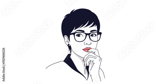 Elegant portrait illustration of a young woman with short dark hair and stylish glasses looking thoughtfully at the camera.
