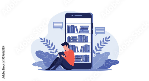 Man sitting on the floor reading a book next to a massive smartphone that serves as a digital bookshelf filled with volumes.