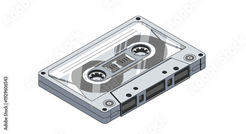 Isometric illustration of a transparent audio cassette tape showing the internal tape spools and mechanism for music lovers.