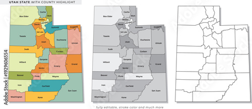 Utah county map detailed colorful illustration with labeled sections and black outline diagrams