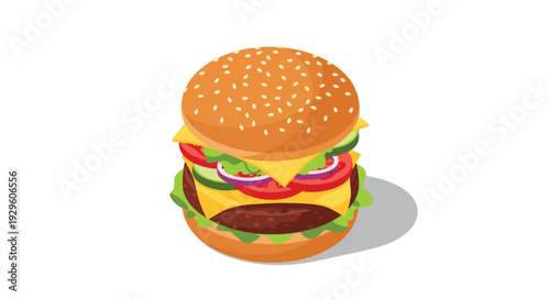 Delicious multilayered cheeseburger with a sesame seed bun, beef patty, fresh vegetables, cheese, and red onion slices.