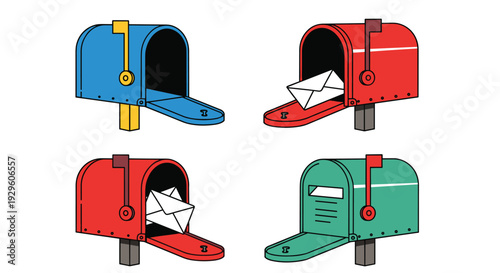 Four colorful mailboxes in blue, red, and green with white letters inside them or open doors for mail delivery illustrations.