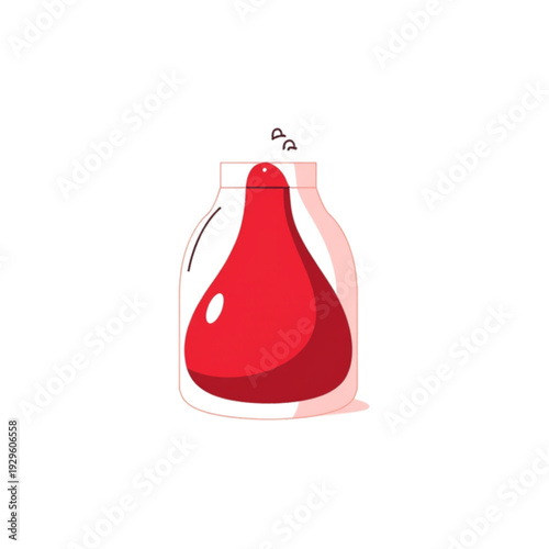 Vector graphic of a vibrant red liquid or abstract shape in a clear glass jar, symbolizing scientific preservation, essential essence, precious fluid, or valuable sample storage