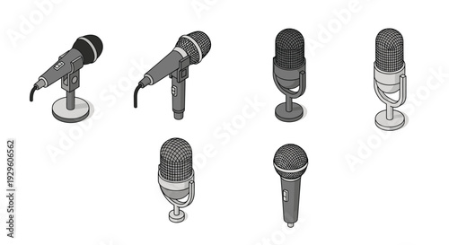 Collection of six different types of microphones including dynamic, condenser, and studio models shown in isometric view.