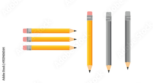 Set of six standard pencils in yellow and grey colors displayed in different positions for school and office supplies.