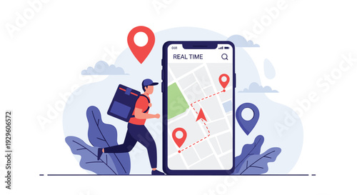 Courier with a backpack running next to a large smartphone showing a real-time delivery tracking map with location pins.