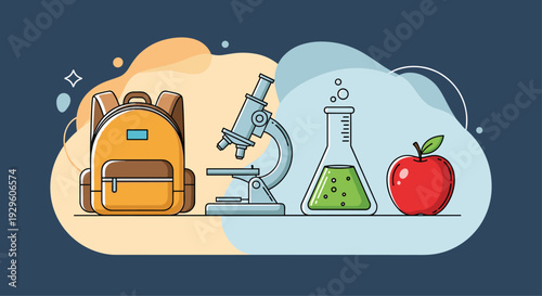 School and science icons featuring an orange backpack, a microscope, a chemistry beaker with green liquid, and a red apple.